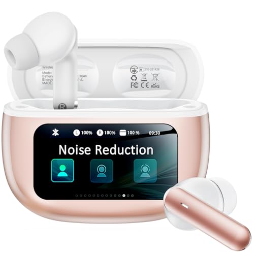Image of Wireless Earbuds with Smart Touchscreen Case, Bluetooth 6.0 Ear Buds with AI Noise Cancelling Calls, 40H Playtime Stereo Headphones, IPX7 Waterproof Earbuds for Workout, Travel,iPhone,Android,Rose