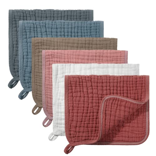 Image of Hicarer 6 Count Muslin Burp Cloths Cotton Baby Burping Rags Large 20 x 10 Inch 6 Layers Spit up Rags Soft Absorbent Multicolor Wash Cloths Diapers for Newborn Baby Girl Boy(Fresh Color Series)