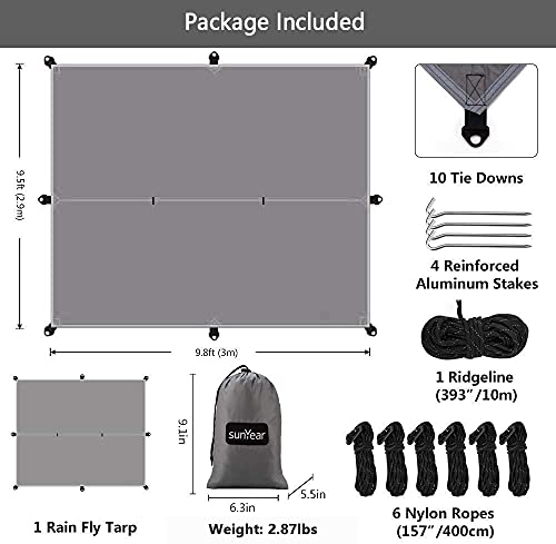 Image of Hammock Rain Fly Tent Tarp Provides Effective Protection Against Rain, Snow. 32ft Long Ridgeline. Big 9.8x9.5ft Durable, Waterproof 210D Oxford. 6 Reflective Guy Lines, 2 Stuff Sacks. Easy Assembly