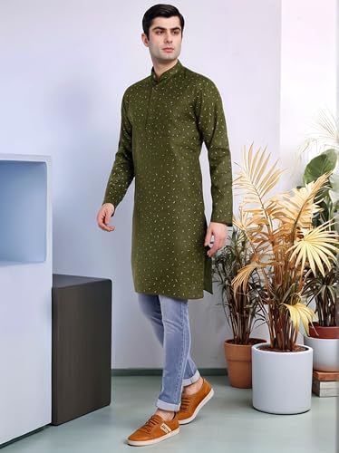 Image of SKAVIJ Mens Cotton Long Sleeve Tunic Printed Kurta