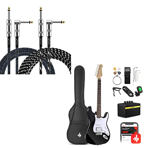 Donner Dst-100B 39 Inch Electric Guitar Beginner Kit Solid Body Full Size Black Hss Pick Up For Starter & Donner Guitar Cable 10 Ft 2 Pack #TOP9