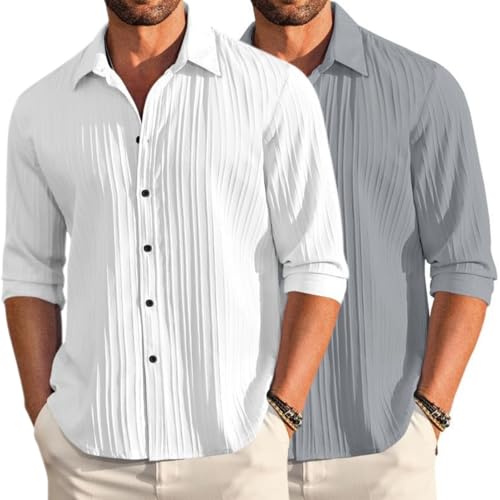 Image of FINIVO FASHION Men's Cotton Blend Shirt Set Lightweight, Full Sleeves, Plain Texture, Button Closure, Summer Ready (Pack of 2)
