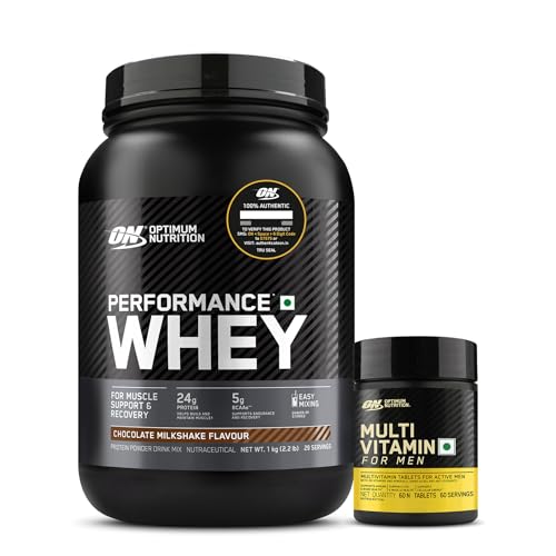 OPTIMUM NUTRITION (ON) Performance Whey Protein Powder-1 Kilogram (Chocolate) And Multivitamin For Men 60 Tablets, 26 Vitamins & Minerals, 1 Scoop