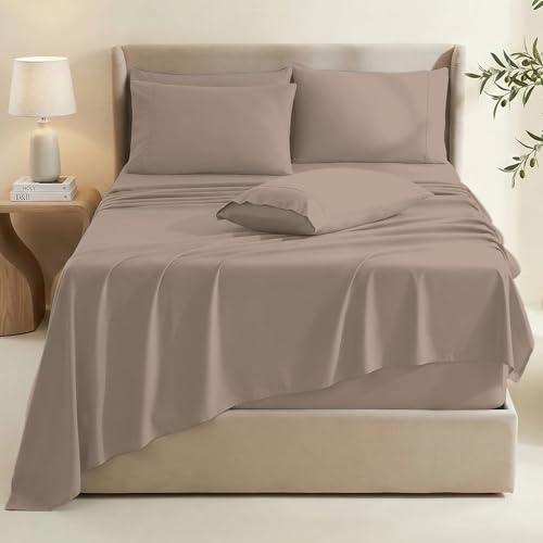 Image of Hearth & Harbor Extra Deep Pocket King Size Sets - Fits Mattress 18-24 Inches Deep - Extra Deep Pocket Sheets - 6 Piece King Size - Taupe