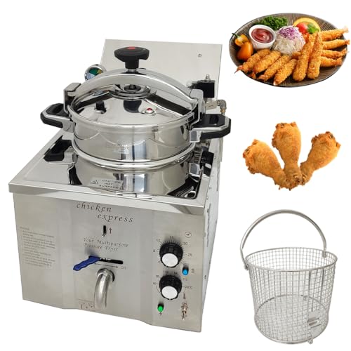EQCOTWEA 16L Electric Countertop Pressure Fryer, Stainless Steel High Pressure Fried Chicken Stove, Commercial Deep Fryer with Timer, Ideal for Fried Chicken, Snack Bars, Restaurants 110V 2400W
