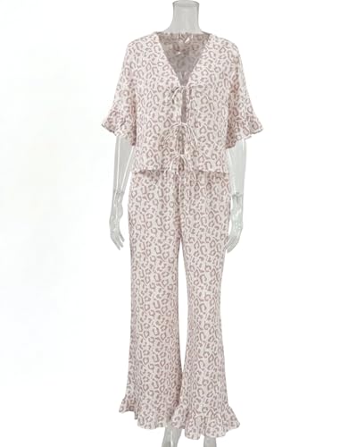 Image of codcm Womens Cotton Pajama Set Ruffle 2 Piece Tie Front Shirt and Long Pants Cute Printed Sleepwear