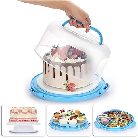 BSTKEY Portable Cake Carrier with Lid and Handle, Cake Turntable + Cupcake Storage Tray for Transport, 10" Round Cake Container Holder with Two Sided Base for Pies Nuts Fruit Cookies, Blue Cover