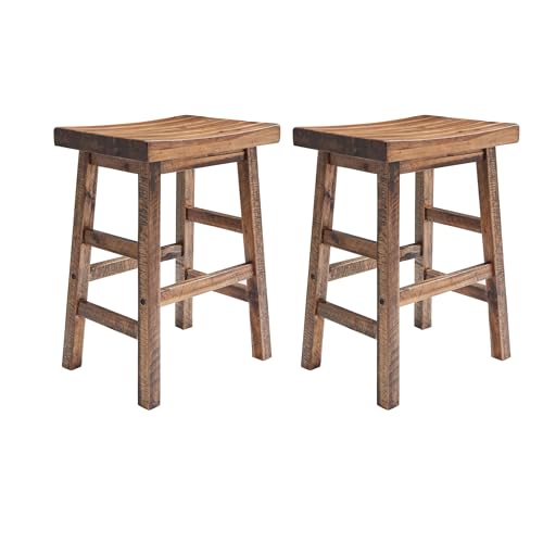 Alaterre Furniture Durango 26-Inch Industrial Wood Counter-Height Stools – Set of 2 Rustic Saddle Seat Bar Stools - Vintage Style with Light or Dark Lacquer Finish for Kitchen Island or Home Bar