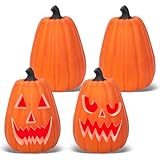 Lanpn 8 Inch Halloween Carvable Pumpkin 4 Pcs, Large Light up LED Artificial Foam Tall Carved Pumpkins Jack O Lantern with Emoji Templates Paints for Fall Autumn Thanksgiving Harvest Indoor Decor