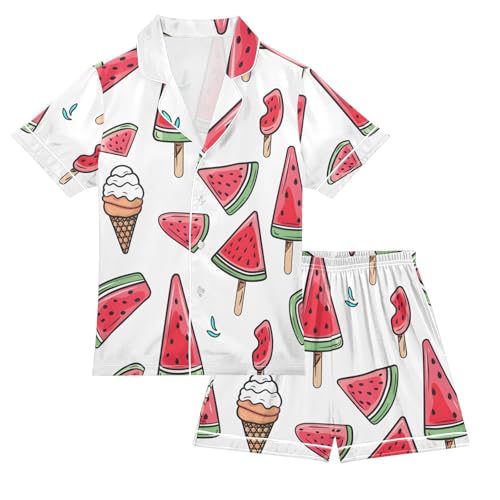 ALAZA Watermelon Ice Cream Pajamas Satin Pajama Set Short Sleeve Button Down Sleepwear