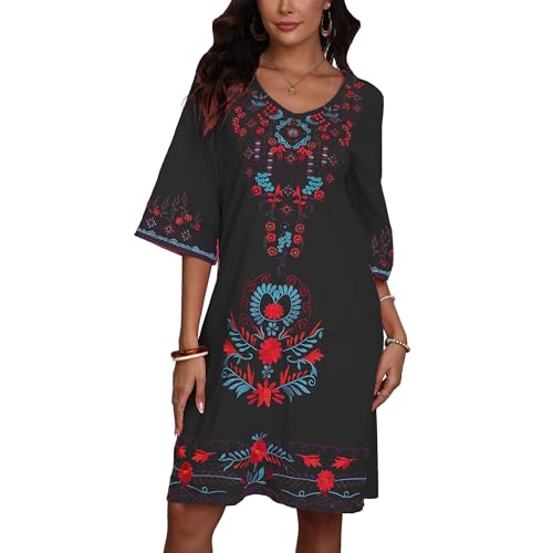 Image of Grosy Women's Embroidered Mexican Fiesta Dress Plus Size Traditional Floral Boho Dresses for Women Peasant Hippie Outfit