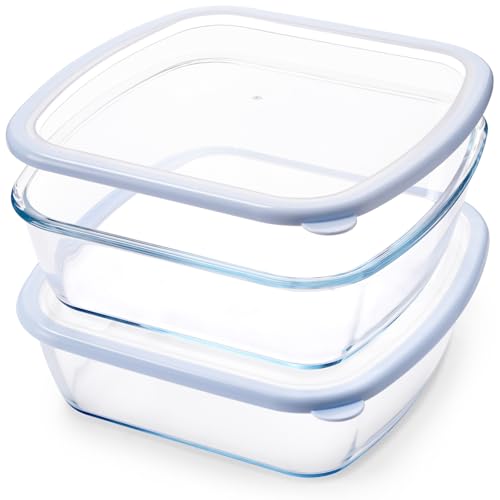 NUTRIUPS 2 Pack 9 x 9 Glass Baking Dish with Lid 9 x 9 Baking Pan 2.75QT LARGE and DEEP Baking Dish for Oven (Blue 2 Pack 2.6L)