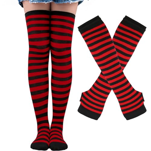 Image of Black and White Striped Arm Leg Warmers Sleeves Set Rainbow Socks Knee High Fingerless Gloves Hand Thigh Warm
