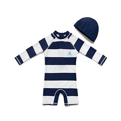 BONVERANO Traje de baño para bebé niño Trajes de baño de una Pieza de Manga Larga Protección UV 50+ Trajes de baño con Cremallera(Negro-Blanco,18-24meses