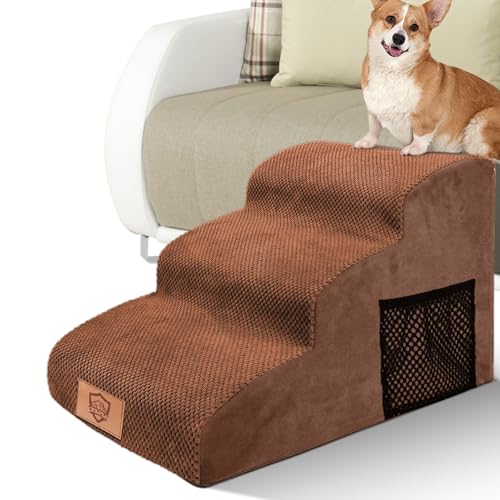 MASTERTOP Escalier pour petit chien 3 marches en éponge haute densité pour canapé lit, échelle pour animaux de compagnie, portable, amovible, lavable, 1 rouleau anti-peluches