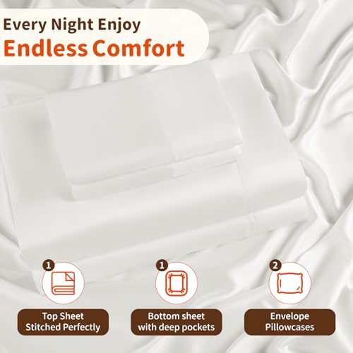 LBRO2M 100% Mulberry Silk Satin Sheets Set Queen Size Silk Fitted Sheet16 Deep Pocket Cool Bedding Sheet 4 Piece Wrinkle Resistant (Queen, White) - Image 6