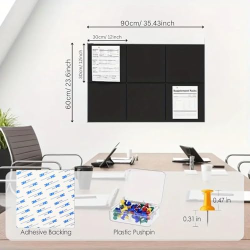 Image of Royalkart 6Pcs Rectangle Felt Bulletin Board Tiles for Wall - Black Self-Stick Notice Board with 30 Push Pins | Pin Board for Office, Study, Home Decor, Kids Room (30x21cm)