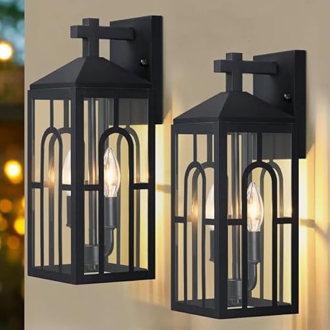 2 Pack 16 Large Outdoor Wall Light Black Outdoor Light Fixture with Cylindrical Clear Glass, Exterior Light Fixture IP65 Waterproof Outside Light for House Wall Sconce Bulbs Included