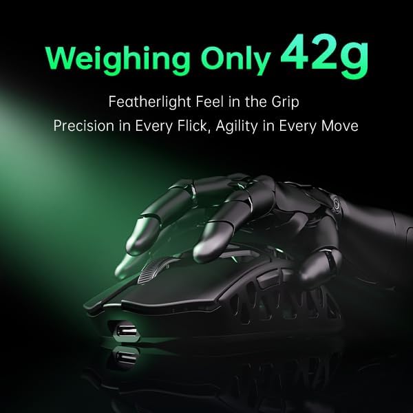 ATK Fierce X mouse held by a robotic hand, emphasizing its 42g weight