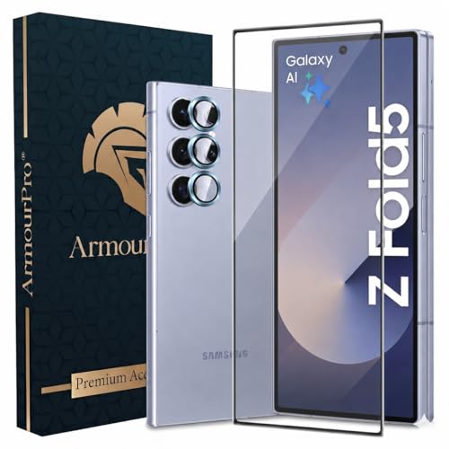 Image of ArmourPro Edge to Edge Tempered Glass for Samsung Galaxy Z Fold 5 with Blue Camera Ring Guard, 9H Screen Protector, Anti-Scratch, Anti-Fingerprint, Bubble-Free Installation Kit