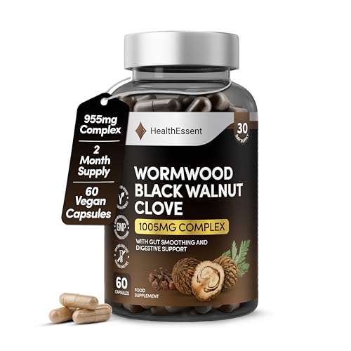 HealthEssent Wormwood Black Walnut and Clove Complex 1005mg High Strength Plant-Based Formula for Humans with Pumpkin Seed Slippery Elm & Papaya - (30 Day Supply) - 60 Vegan Capsules