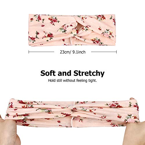Image of DRESHOW 6 Pack Boho Cotton Non-Slip Headbands for Women Girls Yoga Workout Running Knotted Turban Floral Elastic Head Wrap