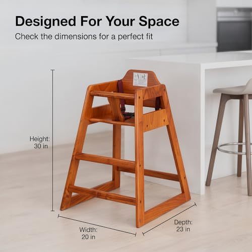 Image of Walnut Wooden Restaurant High Chair - Stackable Rubberwood Dining Chair with Safety Bar, Easy-Clean Finish, Commercial Restaurant Seating