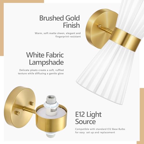 Image of Gold Wall Sconces Set of 2, Milk White Pleated Fabric Shade | Hardwired, Wall Light Fixtures, Up Down Wall Mount for Living Room Bedside