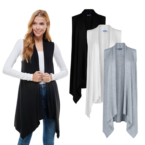 Image of Azules Sleeveless Cardigan for Women, Soft Lightweight Duster Open Front Sleeveless Long Cardigan Vest (3 Pack)