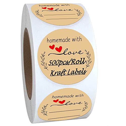 Salemar Homemade With Love Stickers 500Pcs, 1.5 Inch Brown Kraft Label Stickers For Canning Bottles, Storage Bins, Food, Jars, Gift Tags, Homemade Products, Price Tags #TOP25