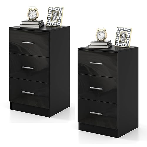 COSTWAY 2er Set Nachttisch mit 3 Schubladen, Hochglanz Nachtschrank,...