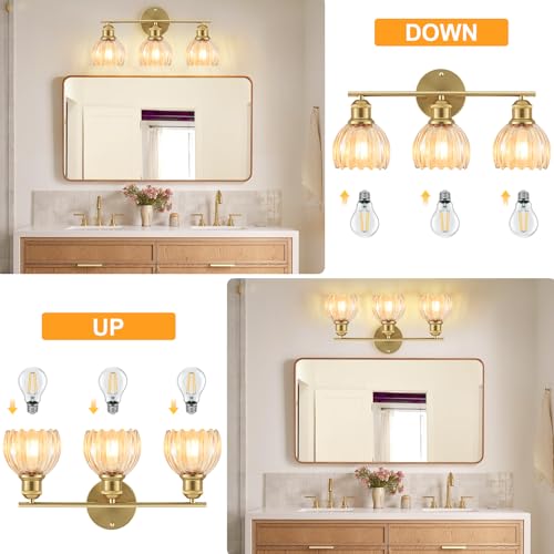 Image of Bathroom Light Fixtures, 3-Light Brushed Gold Vanity Lights for Bathroom with Amber Tulip Glass Shade, 20 inch Vintage Bathroom Vanity Lighting Fixtures Over Mirror for Bedroom Living Room Hallway