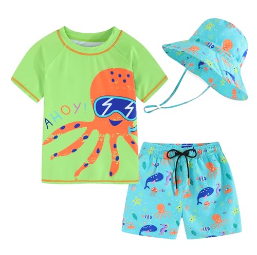 Toddlers Baby Boys' 3-Piece Swimsuit Trunk Rashguard Set and Sun Hat Swimwear Bathing Suit UPF 50+Green Octopus(2-3T)