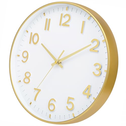 Image of HZDHCLH White and Gold Wall Clocks Battery Operated 12 inch Silent Non Ticking Modern Wall Clock for Living Room Bedroom Kitchen Office Decor