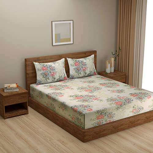 Image of Swayam Mercerized Pure Cotton Double Bedsheet with 2 Pillow Covers | 250 TC Soft Breathable Bed Sheet | Floral Printed | Size 90 x 108 inch | Comfortable & Durable for Bedroom - Beige