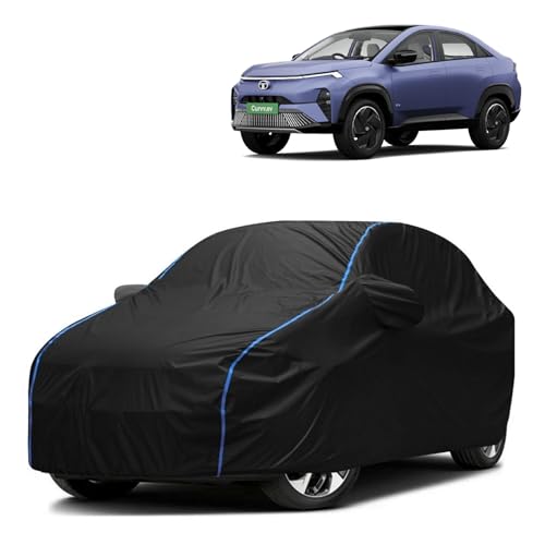 Image of Kerwa Car Body Cover Waterproof Compatible with TATA Curvv | Scratch Proof, Anti-Dust, UV Protection with Windproof Buckle Strap and Mirror Pockets, Bottom Elastic Fitted-Black