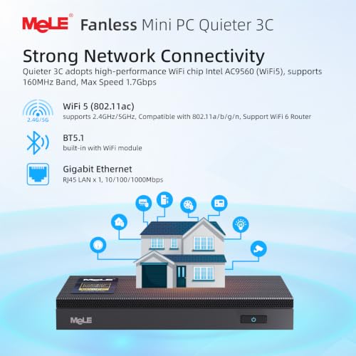 Image of MeLE Quieter 3C Fanless Mini PC N5100 (1.1-2.8GHz) 8GB RAM 128GB eMMC | Support 2 HDMI + USB-C Triple Display, WiFi 5 BT5.1 GbE, Quiet, No Dust, Support Win11 /10 & Linux, Unlocked BIOS, Low Power