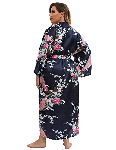 Image of Women's Floral Long Satin Robes Plus Size Long Silk Robes Peacock Floral Kimonos Sleepwear Dressing Gown