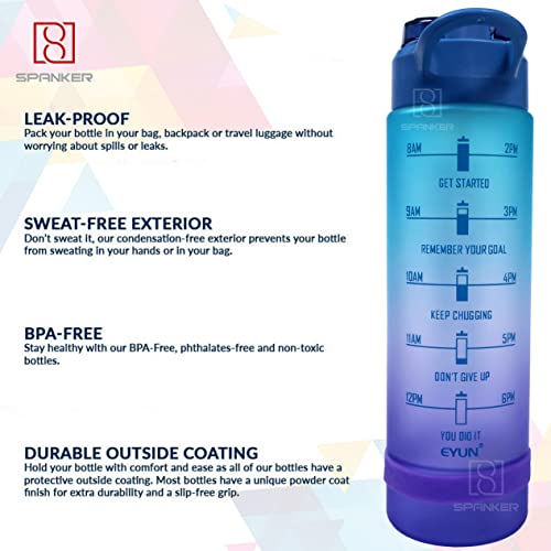 Image of Spanker Hyderated Motivational Leakproof Water 32 Oz (900 ML), Time Marker, BPA Free Fitness Sports Water Bottle, (Green Purple) SSTP