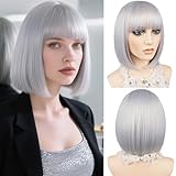MAYSA Silver Bob Wig with Bangs Short Straight Bob Bangs Wig for Women Synthetic Cosplay Halloween Costume Wig 12in # Silver