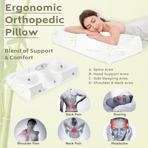 Image of AYKA Bamboo Cervical Memory Foam Pillow for Neck & Shoulder Pain Relief | Orthopedic Contour Pillow for Sleeping & Spinal Alignment | Ergonomic Support | 2-Year Warranty (Set of 2)