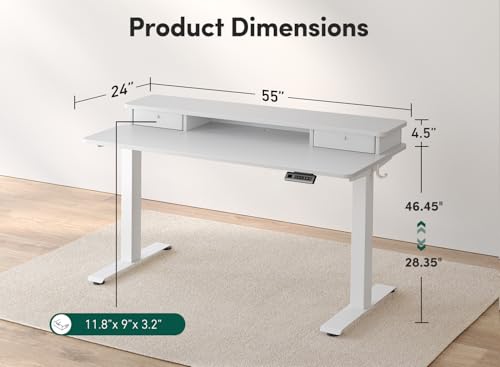 Image of FEZIBO 55 x 24 Inch Height Adjustable Electric Standing Desk with Double Drawer, Computer Desk, Home Office Stand Up Table with 4 Height-Adjustable Feets & 2 Hooks, White