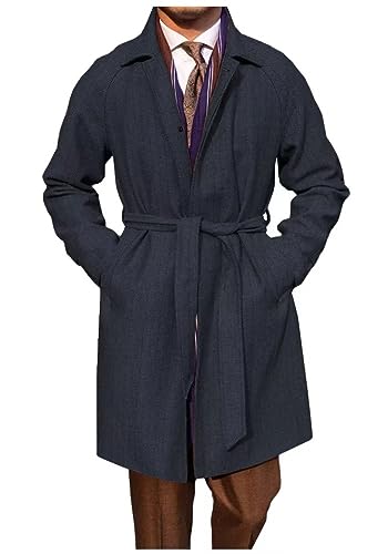 HZUOU Men's Woolen Trench Coat Regular Fit Herringbone Tweed Belted Peacoat for Work Single Breasted Mid Long Jacket UOU37