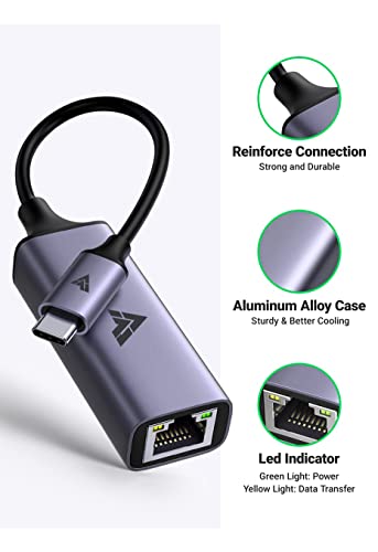 Image of Vaku Luxos USB C to RJ45 Gigabit Ethernet Network Adapter /RJ45 LAN Wired Adapter USB 3.1, Compatible for MacBook, Chromebook, and Other Type-C Enabled Device (Grey)