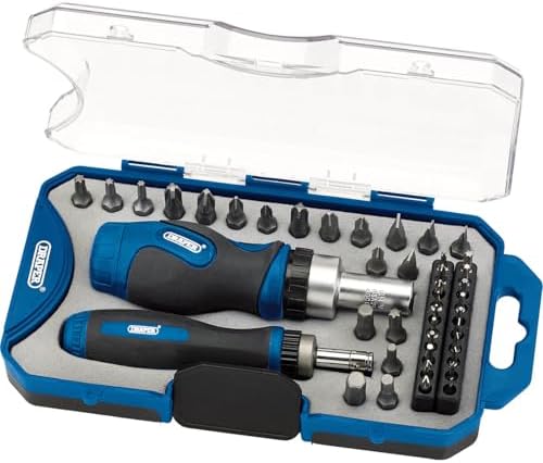 Draper 42 Piece Ratchet Screwdriver Bit Set | Stubby Grip Drivers Hand Tools | DIY and Professional Kit | 1/4" and 20mm Drive Precision Bits | 46479
