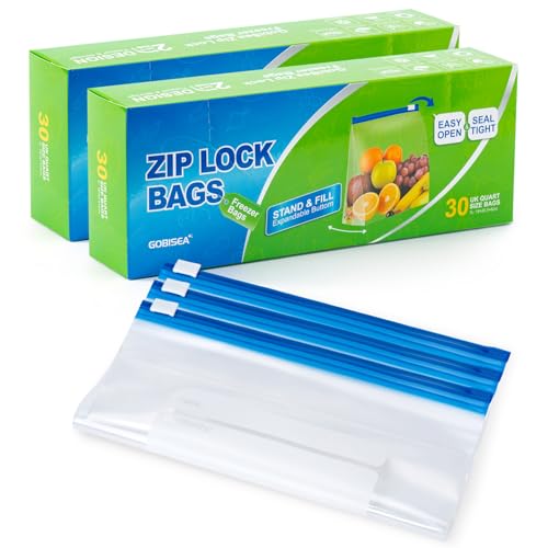 GobiSea 60 Pcs Zip Lock Freezer Bags - 1L, Ziplock Sandwich Bags Food Storage Bag Zip Seal, BPA-Free Freezer Bag Ziplock with Expandable Bottom for Fruits, Vegetables, Meat, Nuts