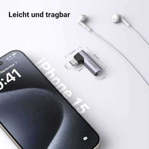 UGREEN USB C auf 3,5mm Klinke 90 Grad Winkel Adapter auf Klinke, Aux Kopfhörer Adapter mit DAC Chip kompatibel mit iphone17/17 air/17pro/17pro max, Galaxy S 25 Serie, iPad, Mac(Silber)