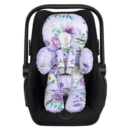 Image of Infant Car Seat Insert for Newborn Girls, Extra Thick & Soft Minky Preemie Car Seat Head Body Support Cushion with Strap Pads, Perfect for Stroller, Baby Bouncer, 2-in-1 Reversible, Purpke Floral