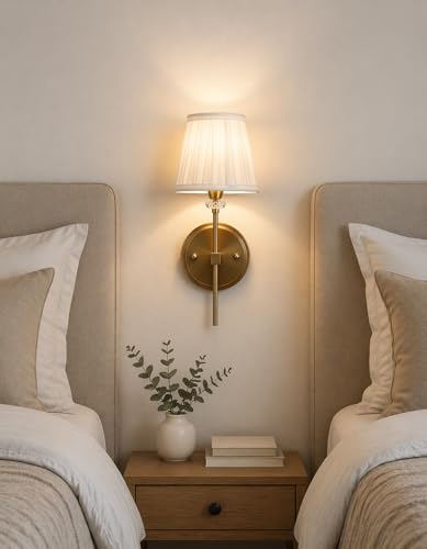 Image of Premium Brass Finish Elegant Fabric Pleated Shade Wall Light for Bedroom, Living Room, Restaurants, Dining, Coffee Shop, Home and Office Decorative Wall Sconce Light Fixture (Without Bulb)