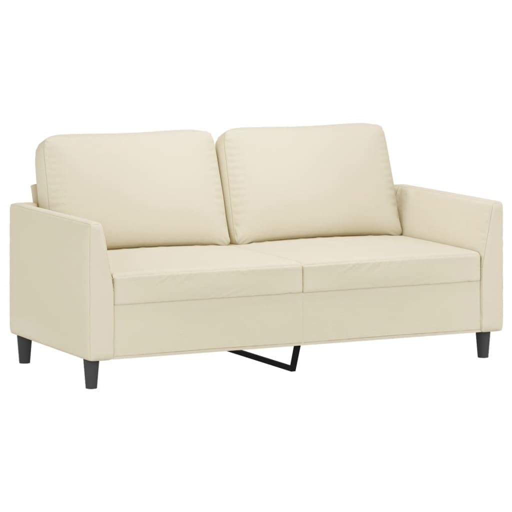 Canapé 3 Places Similicuir Crème avec Pouf, Structure Bois et Métal